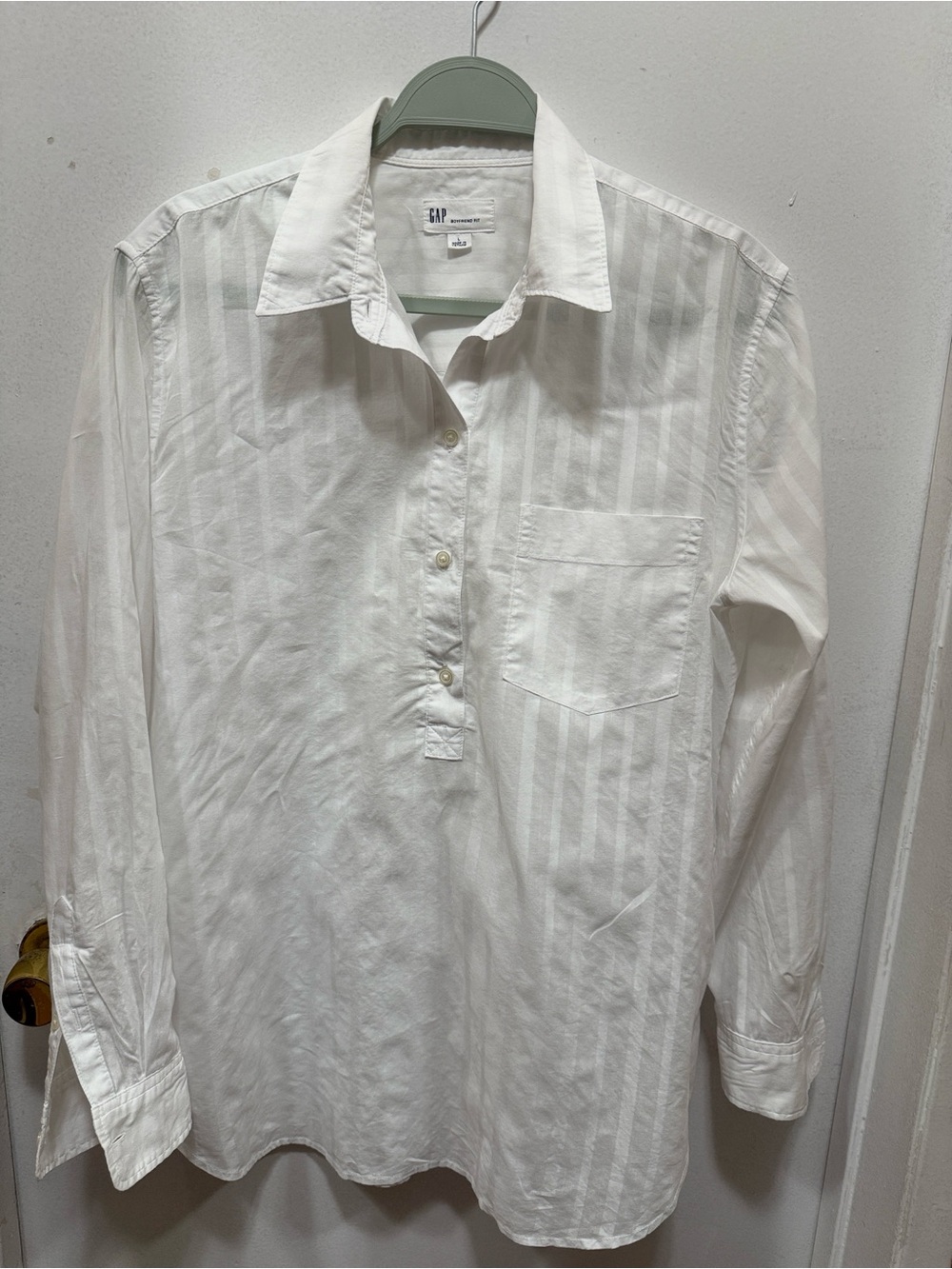 White Long-Sleeve Stripe Popover Shirt women ‘s Gap boyfriend fit size L